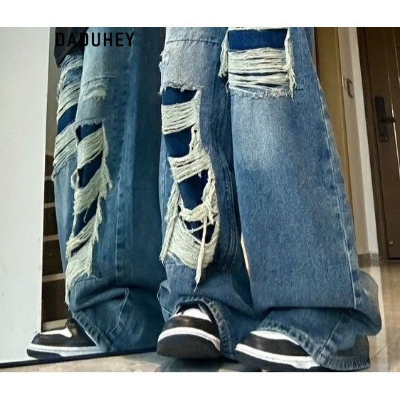 DADUHEY High Street Distressed Wide-Leg Jeans | Thin Straight Retro