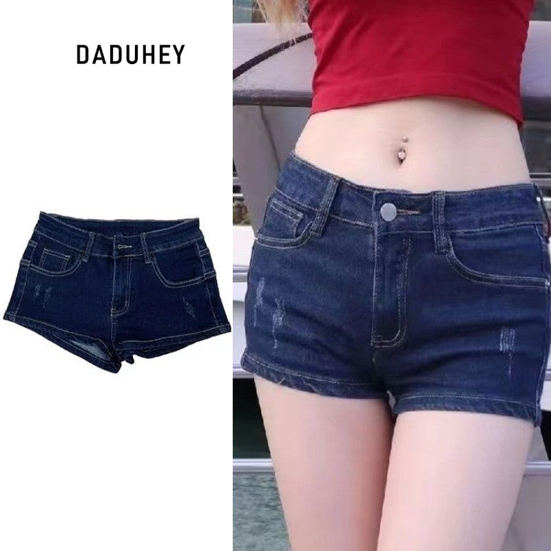 DADUHEY Retro Low-Waist Tight Denim Shorts Women | Dark Blue
