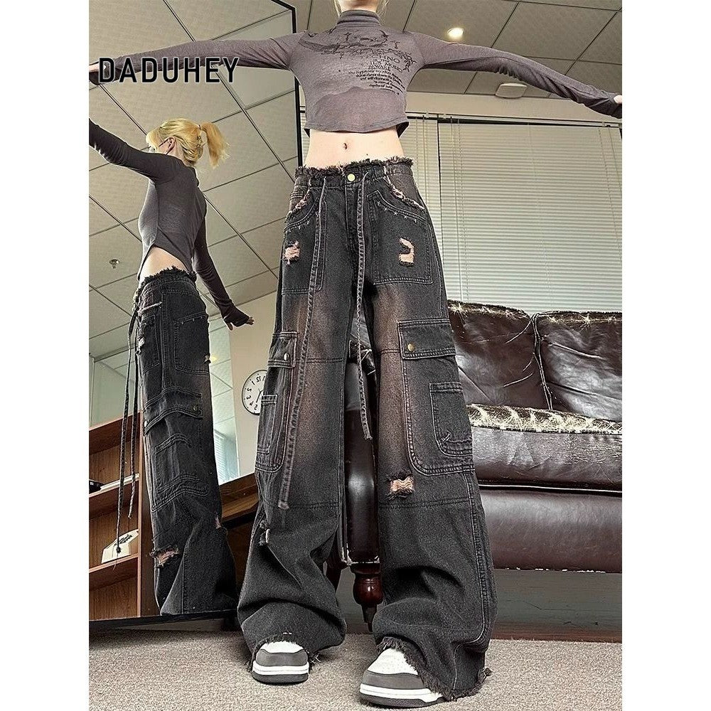 DADUHEY Frayed High-Waist Cargo Jeans Women | Washed Black
