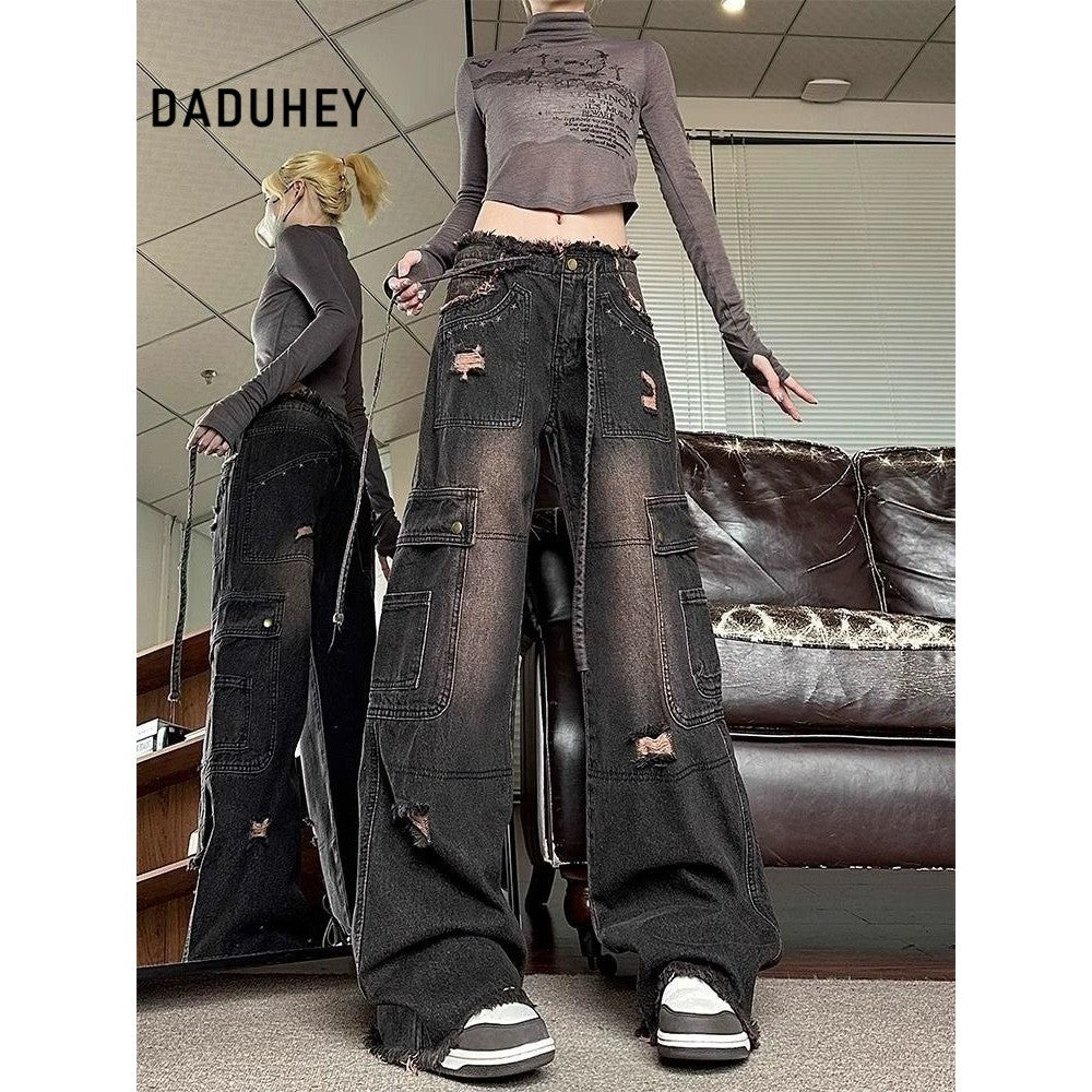 DADUHEY Frayed High-Waist Cargo Jeans Women | Washed Black