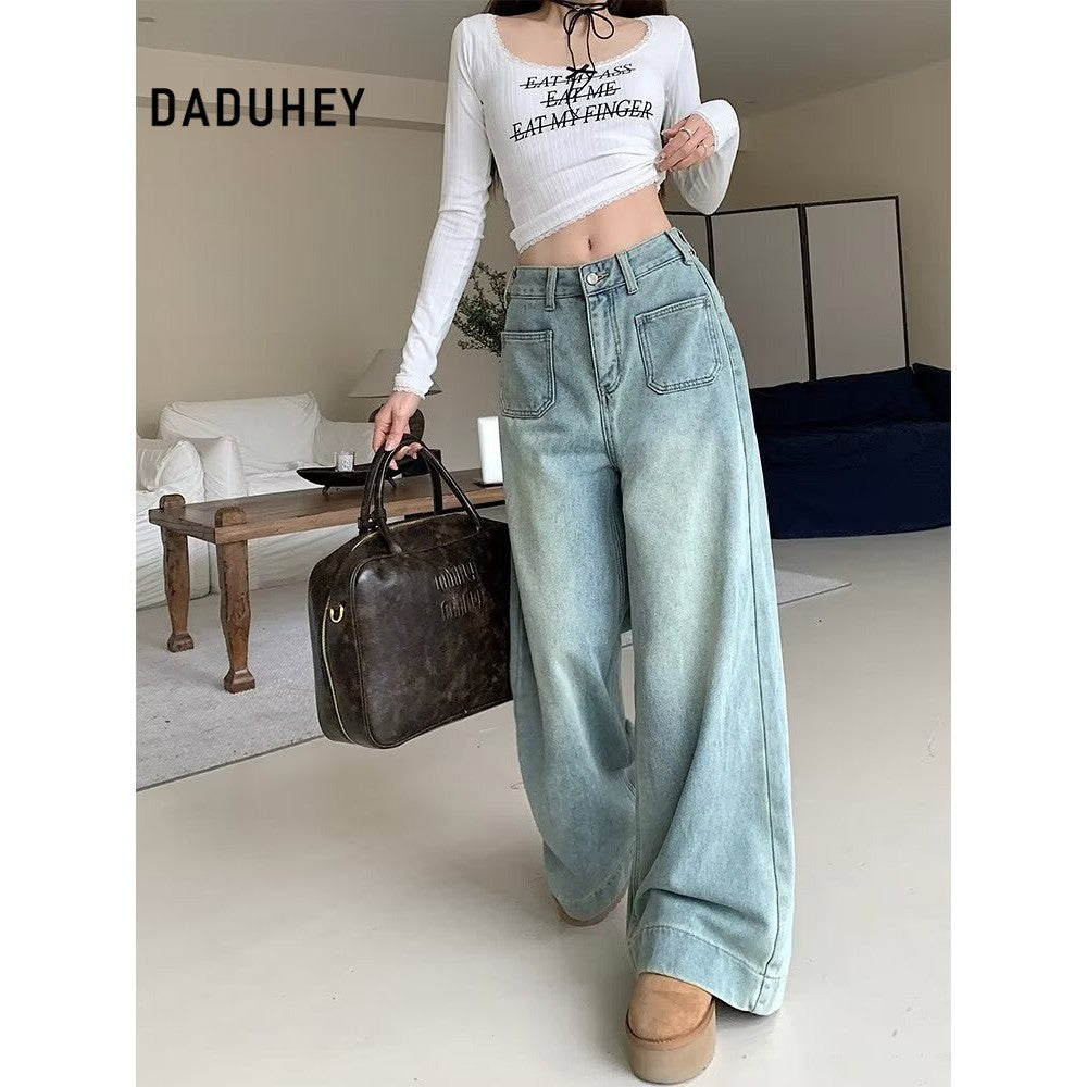 DADUHEY Light Blue Loose Wide-Leg Jeans Women | Drape High-Waist Denim
