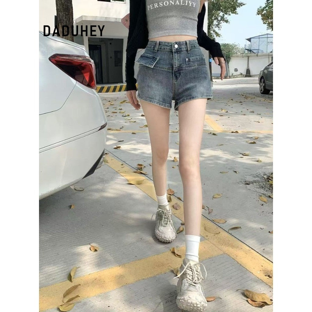 DaDuHey American High Waist Slimming and Wide Leg A- line Skirt plus Size Retro Hot Girl Ultra Short Denim Shorts