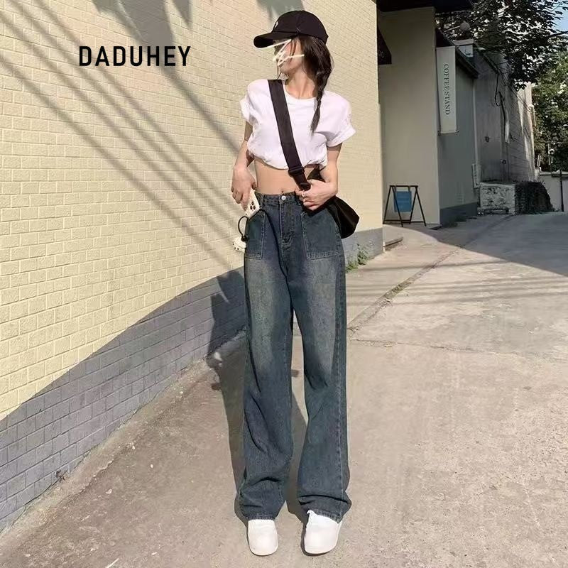 DaDuHey 2025 New Loose Drooping Slimming and Straight Cement Gray High Waist Wide Leg Jeans for Women