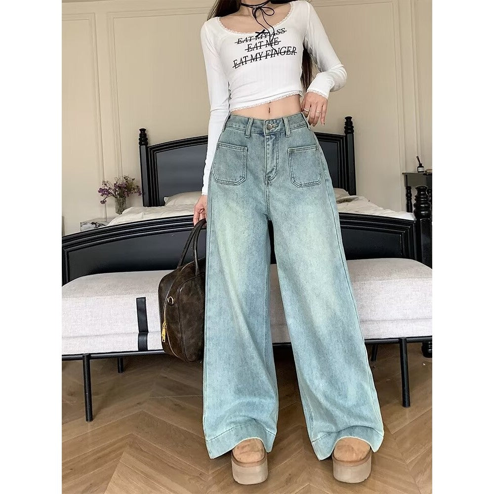 DADUHEY Light Blue Loose Wide-Leg Jeans Women | Drape High-Waist Denim