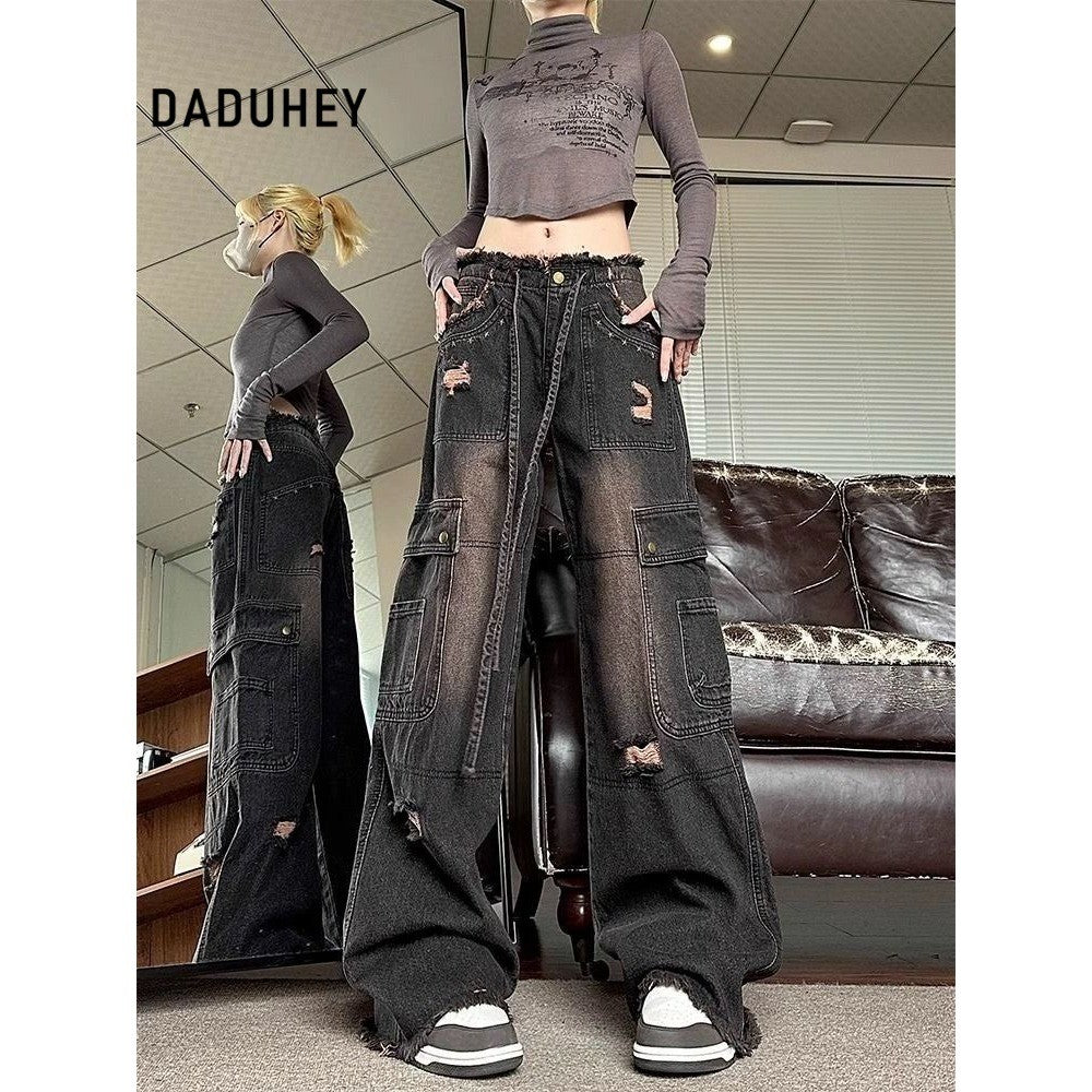 DADUHEY Frayed High-Waist Cargo Jeans Women | Washed Black