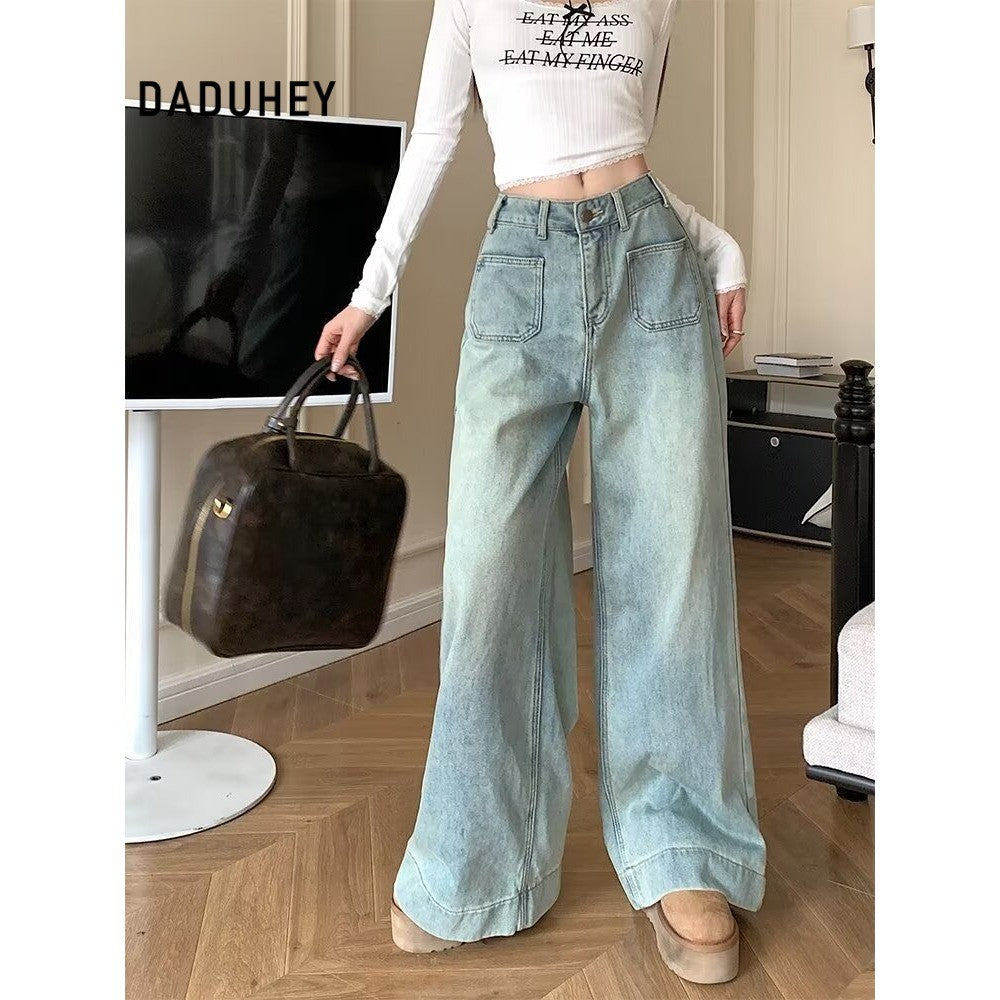 DADUHEY Light Blue Loose Wide-Leg Jeans Women | Drape High-Waist Denim