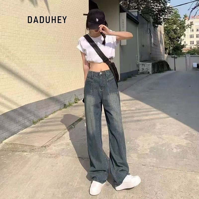 DaDuHey 2025 New Loose Drooping Slimming and Straight Cement Gray High Waist Wide Leg Jeans for Women