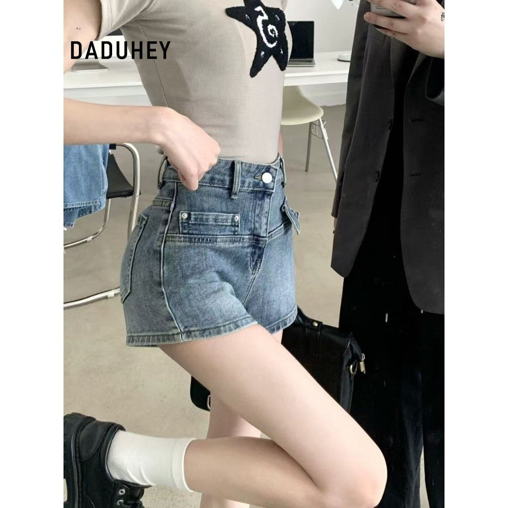 DaDuHey American High Waist Slimming and Wide Leg A- line Skirt plus Size Retro Hot Girl Ultra Short Denim Shorts