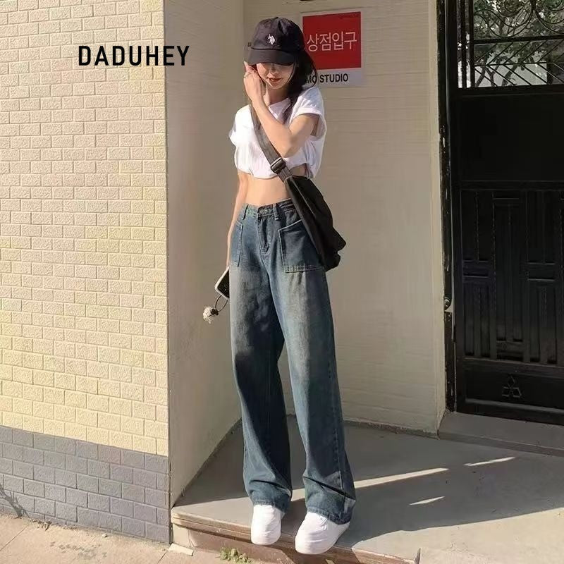 DaDuHey 2025 New Loose Drooping Slimming and Straight Cement Gray High Waist Wide Leg Jeans for Women