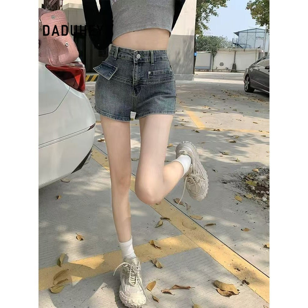 DaDuHey American High Waist Slimming and Wide Leg A- line Skirt plus Size Retro Hot Girl Ultra Short Denim Shorts