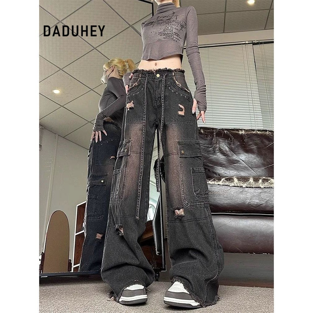 DADUHEY Frayed High-Waist Cargo Jeans Women | Washed Black