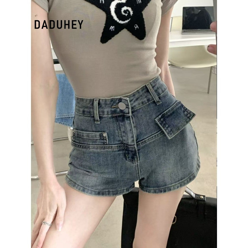 DaDuHey American High Waist Slimming and Wide Leg A- line Skirt plus Size Retro Hot Girl Ultra Short Denim Shorts