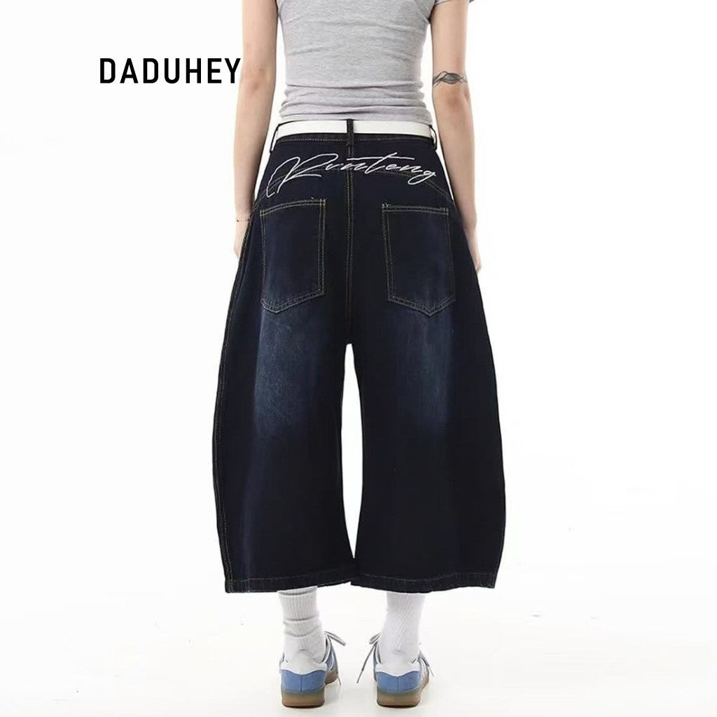 DADUHEY Retro Embroidered Cropped Wide-Leg Jeans Women