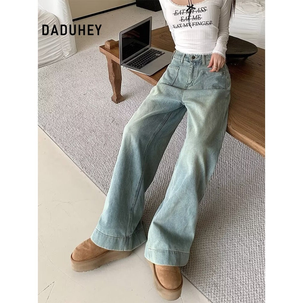DADUHEY Light Blue Loose Wide-Leg Jeans Women | Drape High-Waist Denim