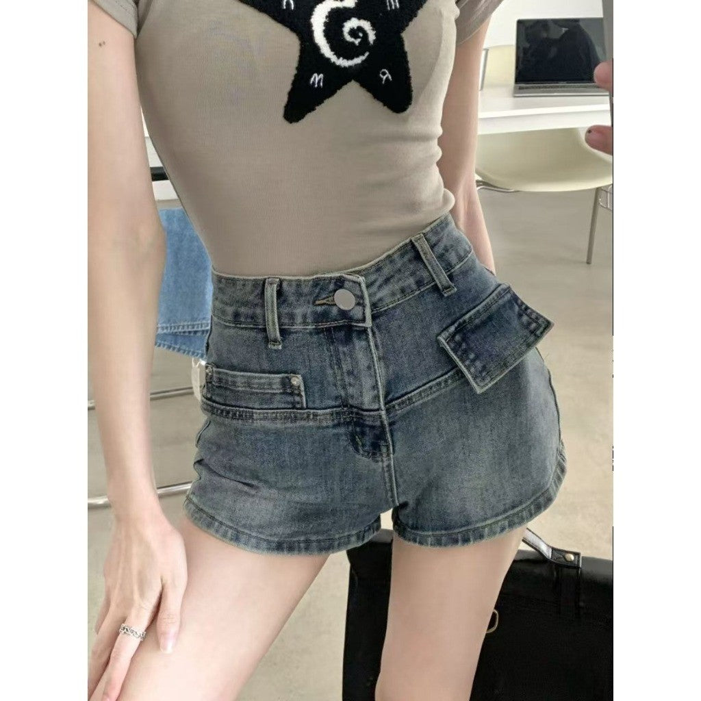 DaDuHey American High Waist Slimming and Wide Leg A- line Skirt plus Size Retro Hot Girl Ultra Short Denim Shorts