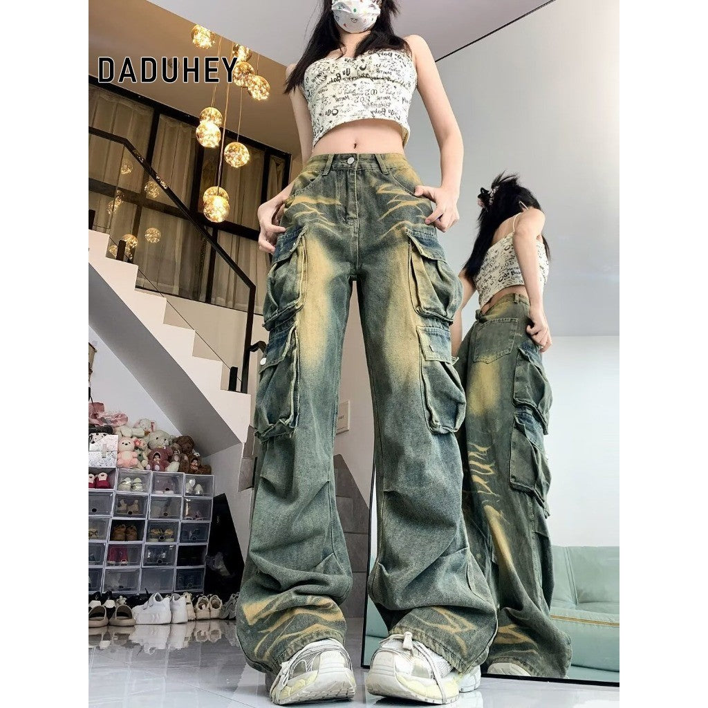 DaDuHey N1879 Cargo Vintage Washed Multi-Pocket Wide-Leg Jeans