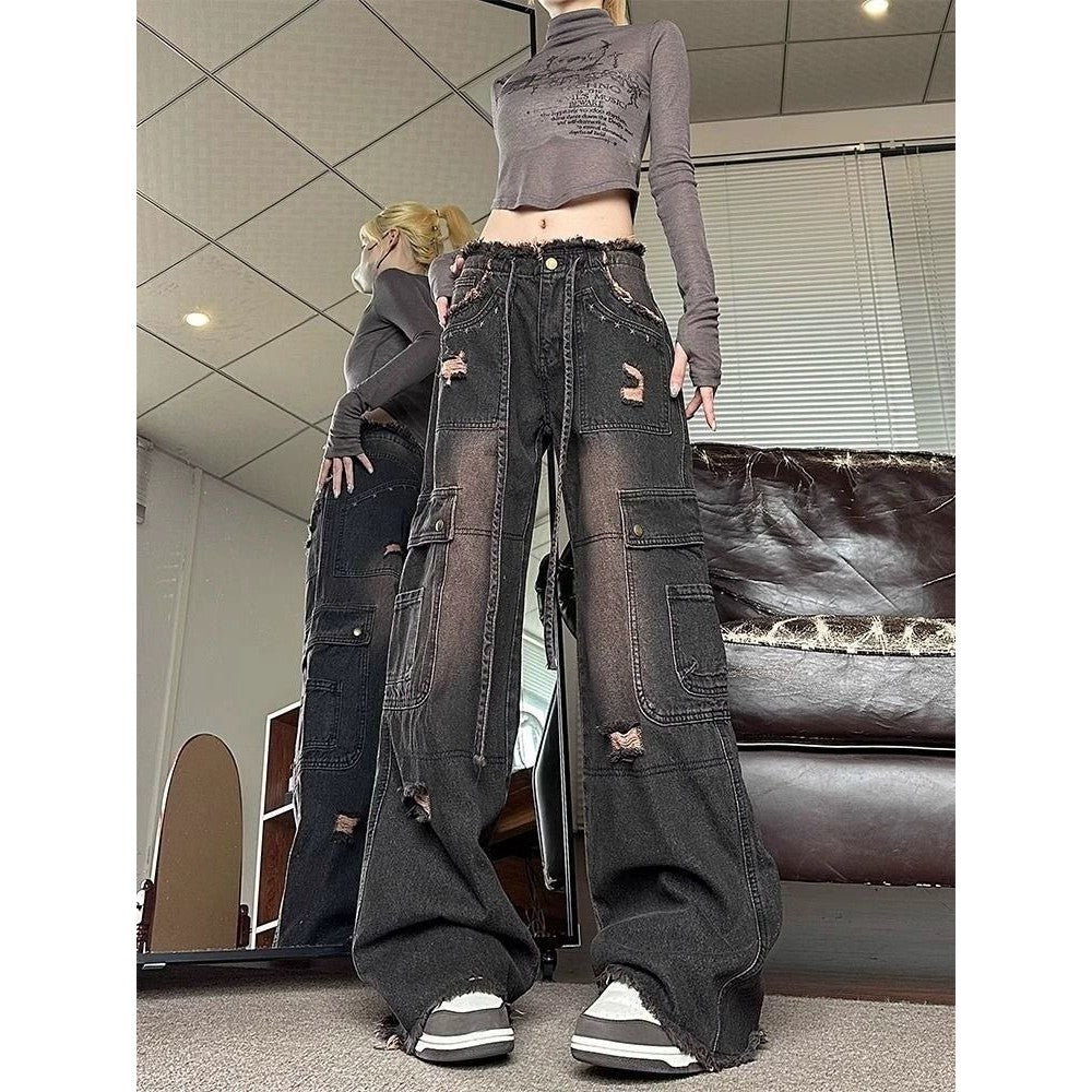 DADUHEY Frayed High-Waist Cargo Jeans Women | Washed Black
