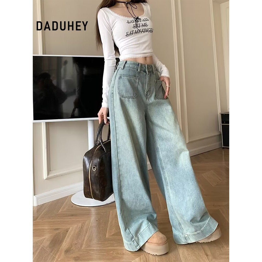 DADUHEY Light Blue Loose Wide-Leg Jeans Women | Drape High-Waist Denim