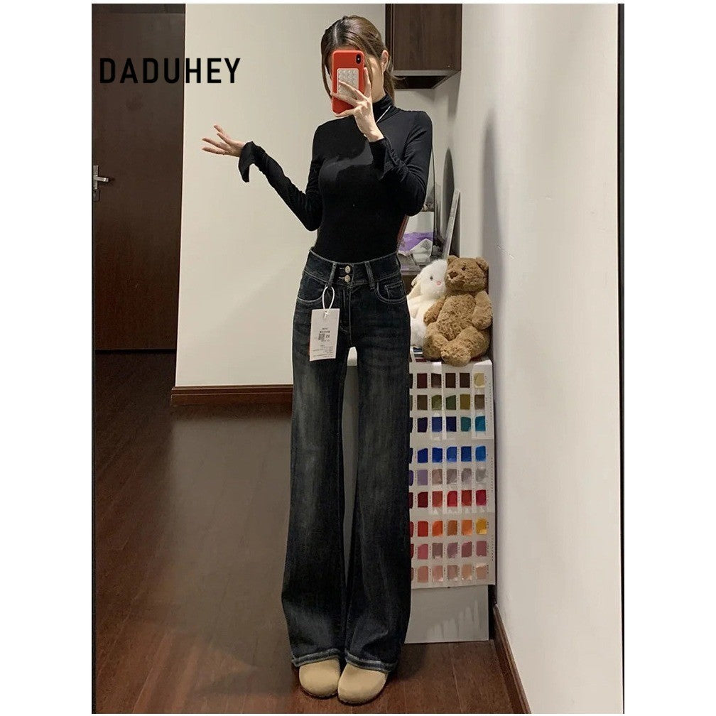 DADUHEY Women's Jeans New High Waist Double Breasted Loose Fitted Figure Flattering High-Rise Horn Horseshoe Pants | 9142