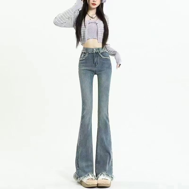 DADUHEY Korean Style Raw Edges Design Small Skinny Women's Jeans New High Waist Elastic Slim Fit Slimming Horseshoe | 954