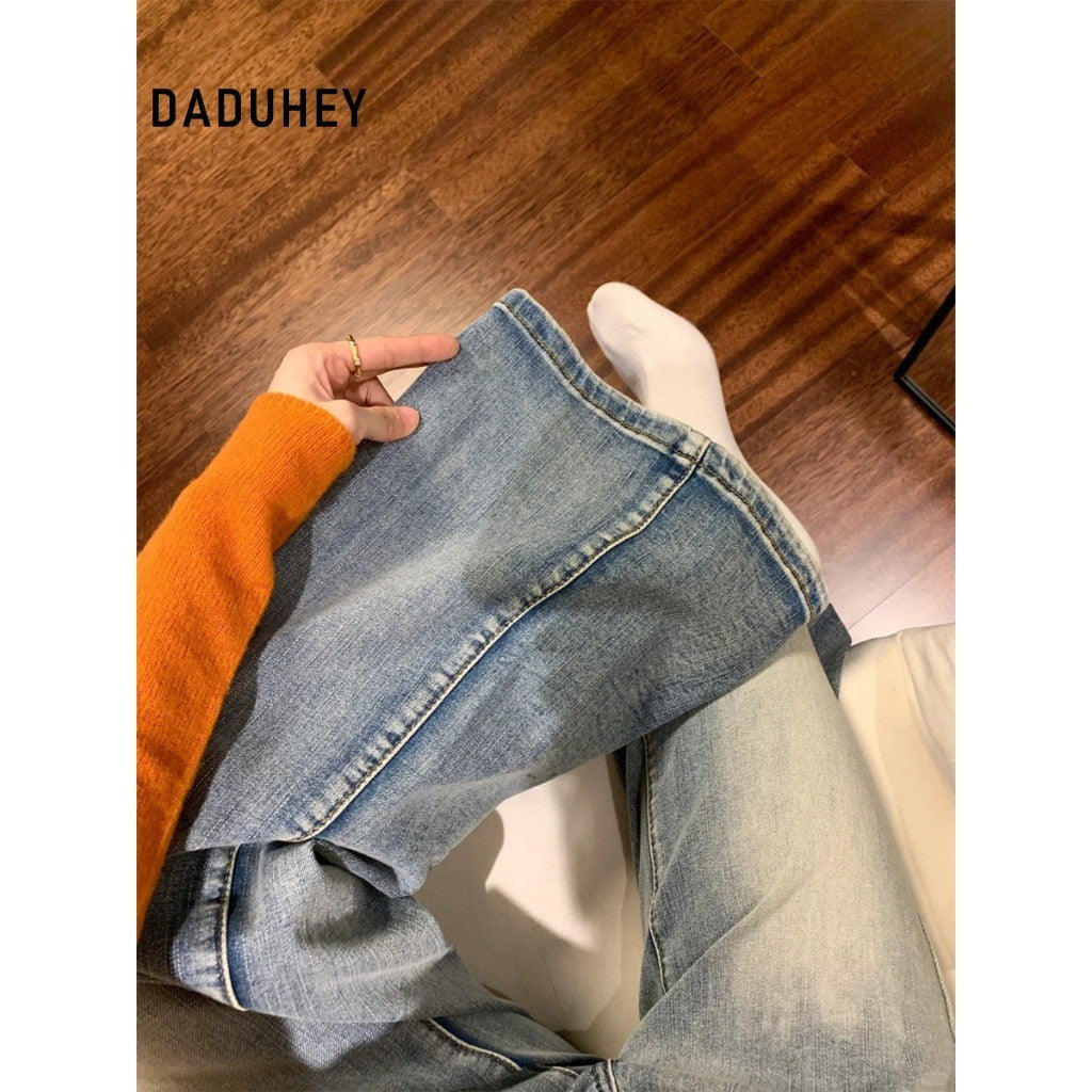 DADUHEY Retro Washed Slightly Flared Jeans Women's New Low Waist Slim Fit Wide Leg Slimming Straight Pants without Sticking Legs | 9147