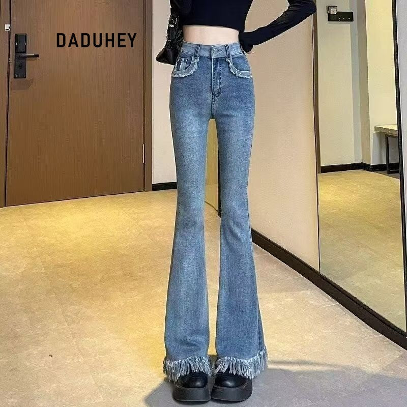 DADUHEY Korean Style Raw Edges Design Small Skinny Women's Jeans New High Waist Elastic Slim Fit Slimming Horseshoe | 954