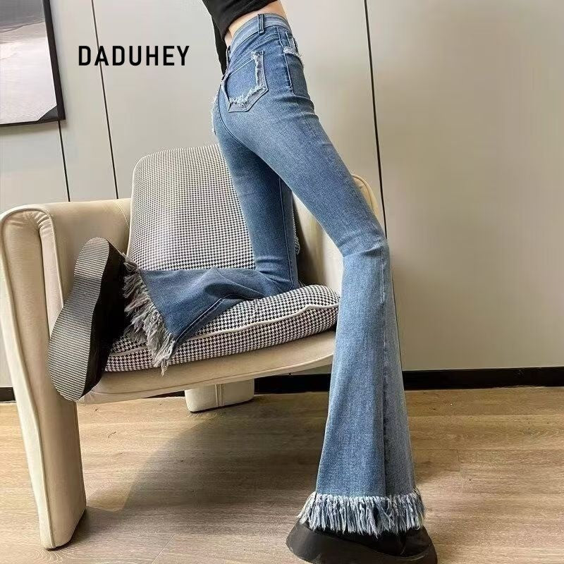 DADUHEY Korean Style Raw Edges Design Small Skinny Women's Jeans New High Waist Elastic Slim Fit Slimming Horseshoe | 954