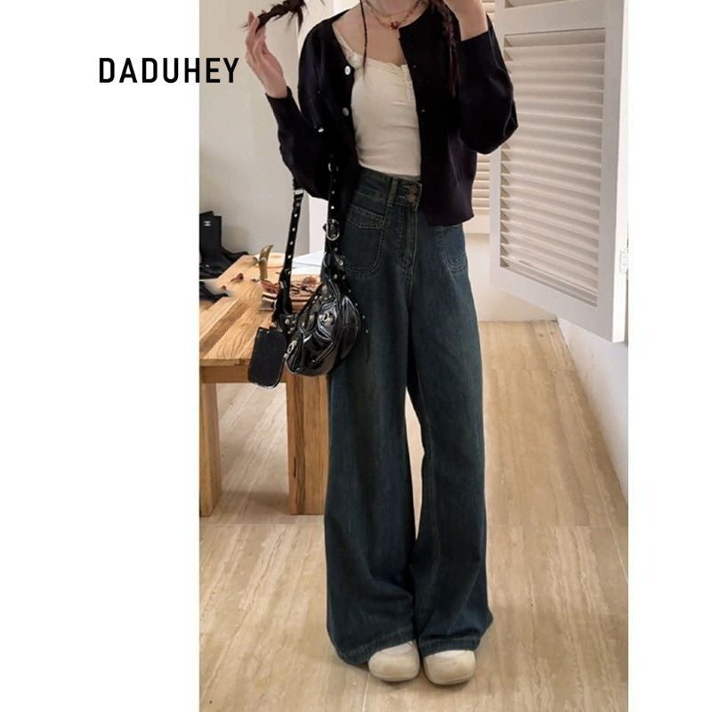 DADUHEY Retro Blue A- Style Wide-Leg Jeans for Women New Large Size Loose Slimming Pear Shapes Straight-Leg Pants | 1853
