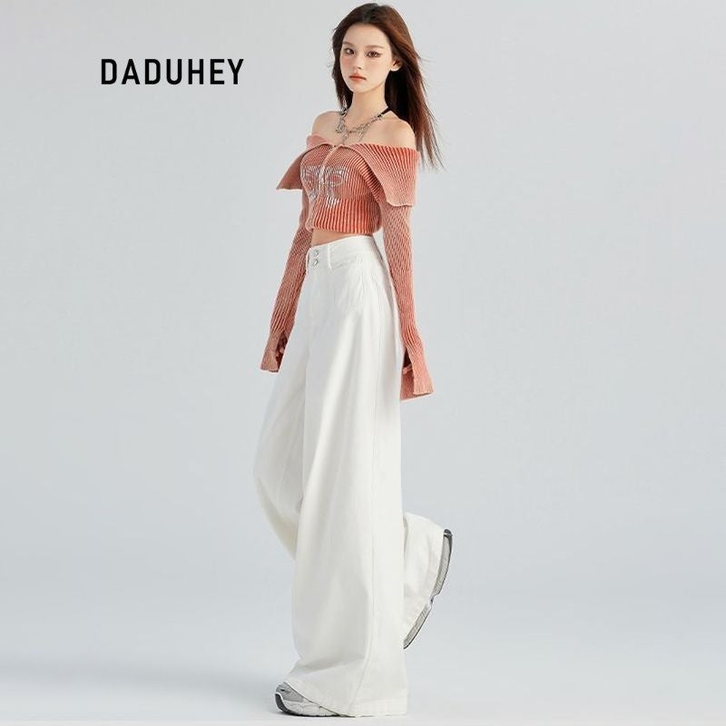 DADUHEY White All-Matching Wide Leg Jeans Women's New Fashion High Waist Loose and Slimming Drooping Straight Mop Pants | 1853