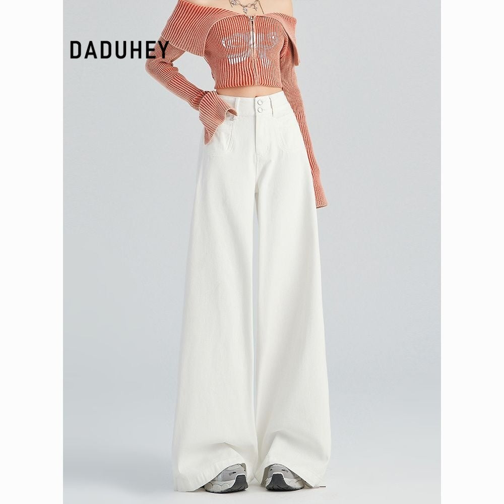 DADUHEY White All-Matching Wide Leg Jeans Women's New Fashion High Waist Loose and Slimming Drooping Straight Mop Pants | 1853
