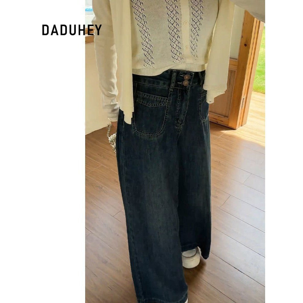 DADUHEY Navy blue A- Style Wide-Leg Jeans for Women New Large Size Loose Slimming Pear Shapes Straight-Leg Pants | 1853