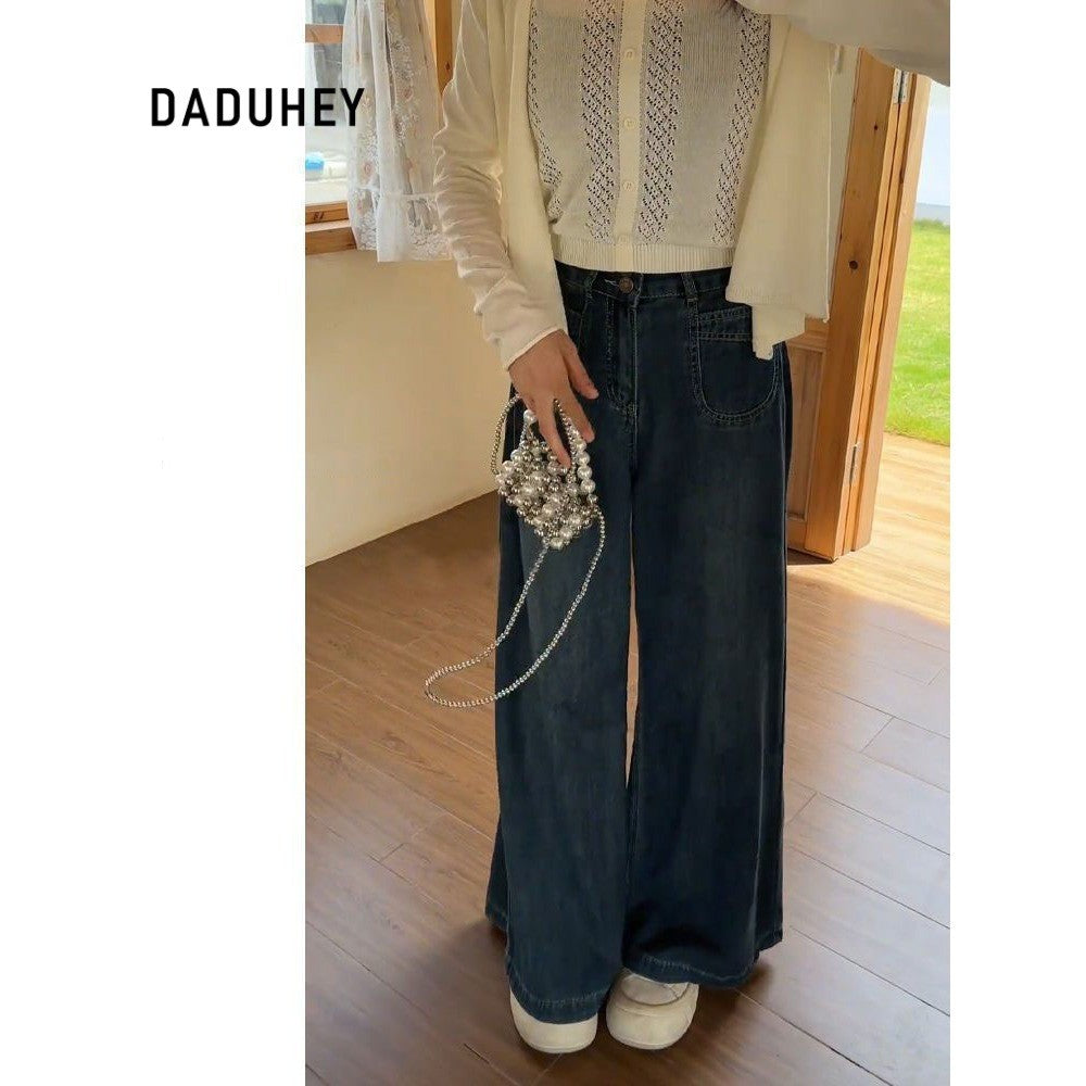 DADUHEY Navy blue A- Style Wide-Leg Jeans for Women New Large Size Loose Slimming Pear Shapes Straight-Leg Pants | 1853