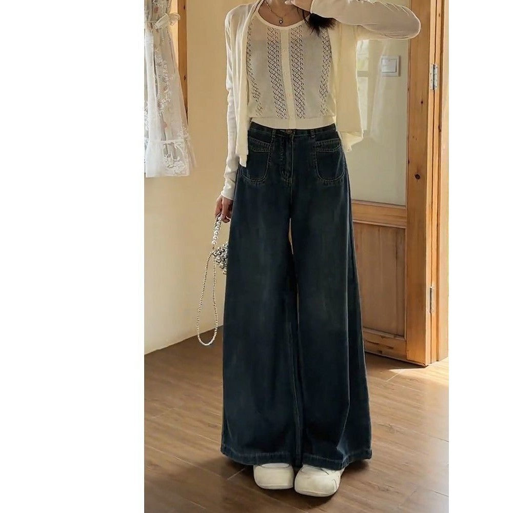 DADUHEY Navy blue A- Style Wide-Leg Jeans for Women New Large Size Loose Slimming Pear Shapes Straight-Leg Pants | 1853