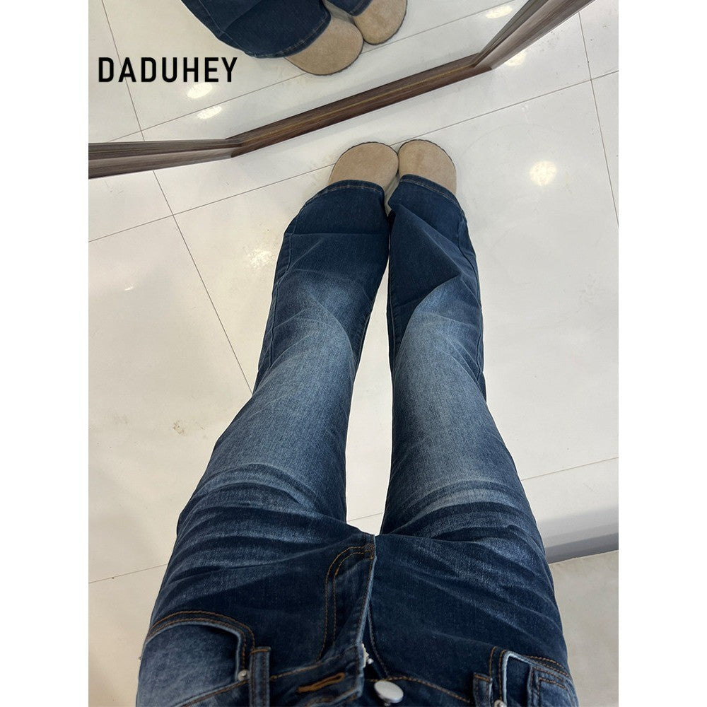 DADUHEY Women's Jeans New Large Size Plump Girls Slim Fit Slimming Cover Versatile Washed Distressed Bootcut Pants | 1917
