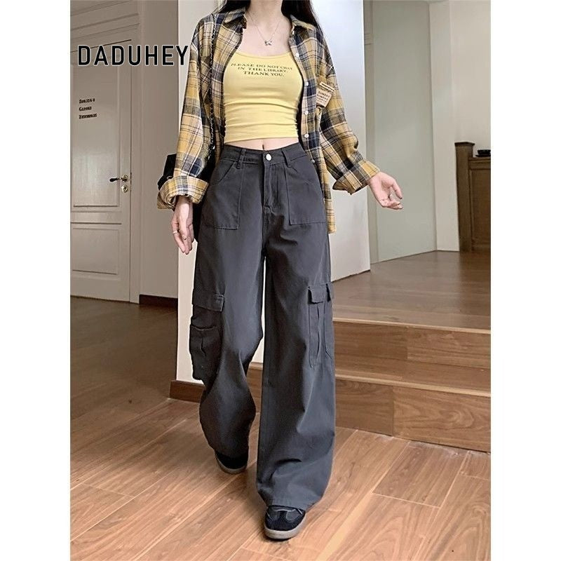 DADUHEY American Retro Gray Wide-Leg Overalls Women's New Design Sense Loose Slimming and Straight Women's Jeans | 1915