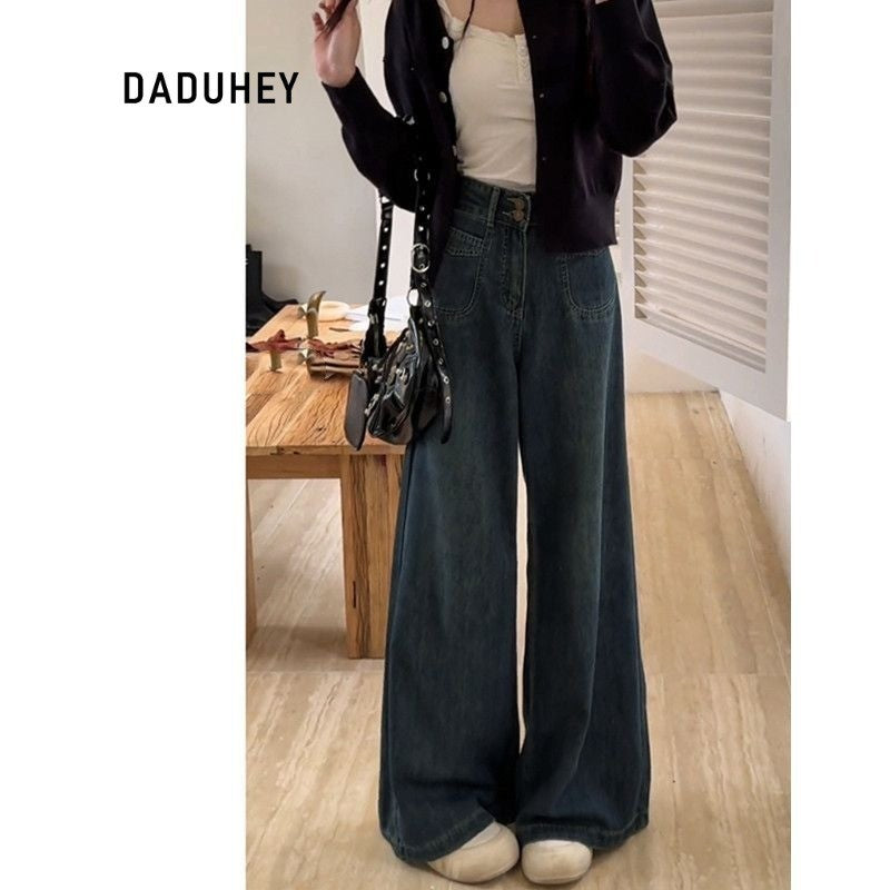 DADUHEY Retro Blue A- Style Wide-Leg Jeans for Women New Large Size Loose Slimming Pear Shapes Straight-Leg Pants | 1853