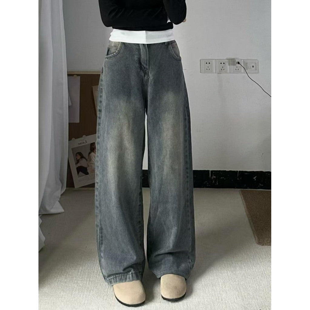 DADUHEY American Retro Straight New High Waist Slimming Draping Wide Leg Mop Jeans for Women | 1840
