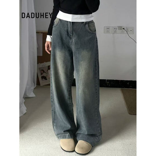 DADUHEY American Retro Straight New High Waist Slimming Draping Wide Leg Mop Jeans for Women | 1840