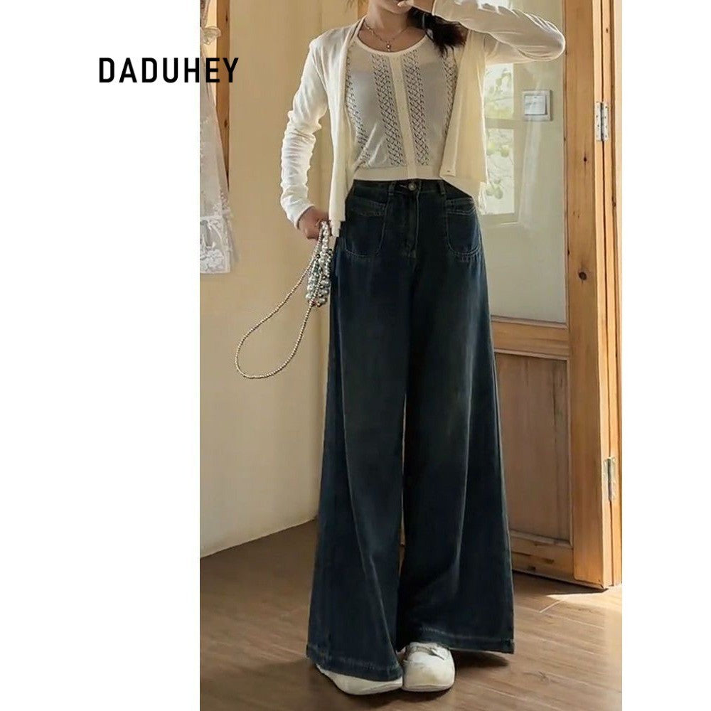DADUHEY Navy blue A- Style Wide-Leg Jeans for Women New Large Size Loose Slimming Pear Shapes Straight-Leg Pants | 1853