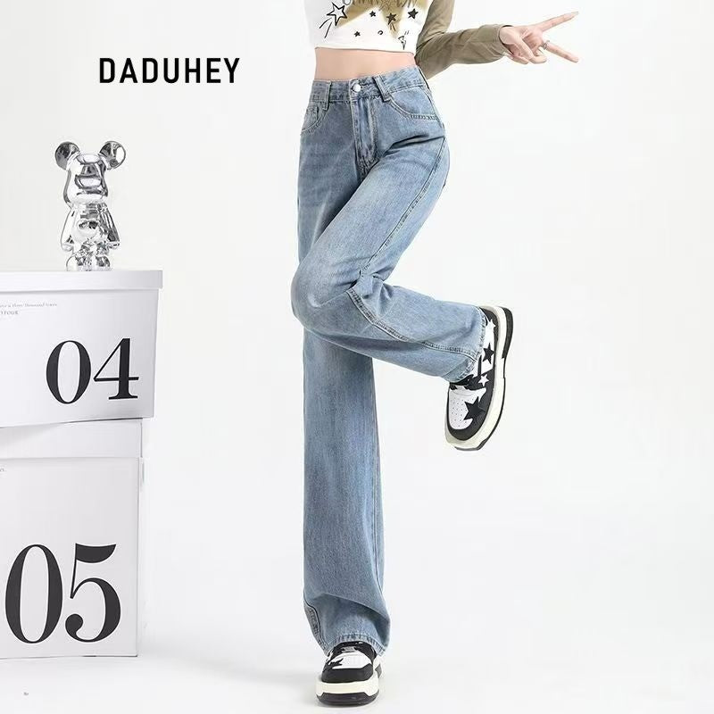 DADUHEY Women's Light Blue Narrow Wide-Leg Jeans New High Waist Slimming and Straight Small Mop Pants | 154