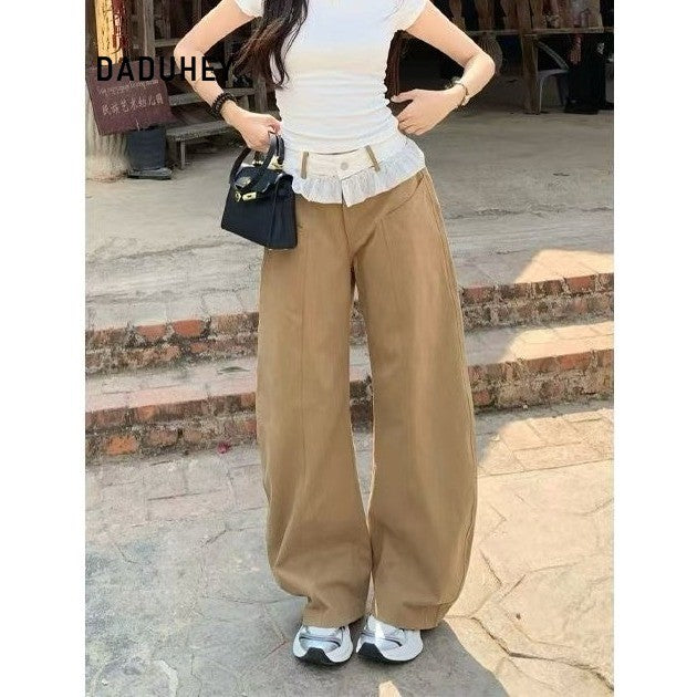DADUHEY Lace Stitching Jeans Machete Straight Retro New High Waist Slimming Loose Khaki | 195