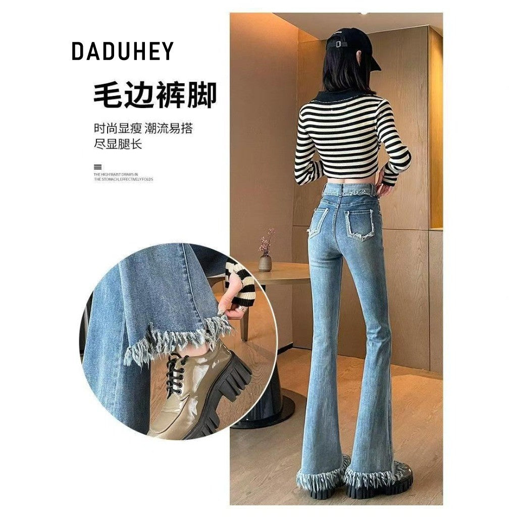 DADUHEY Korean Style Raw Edges Design Small Skinny Women's Jeans New High Waist Elastic Slim Fit Slimming Horseshoe | 954