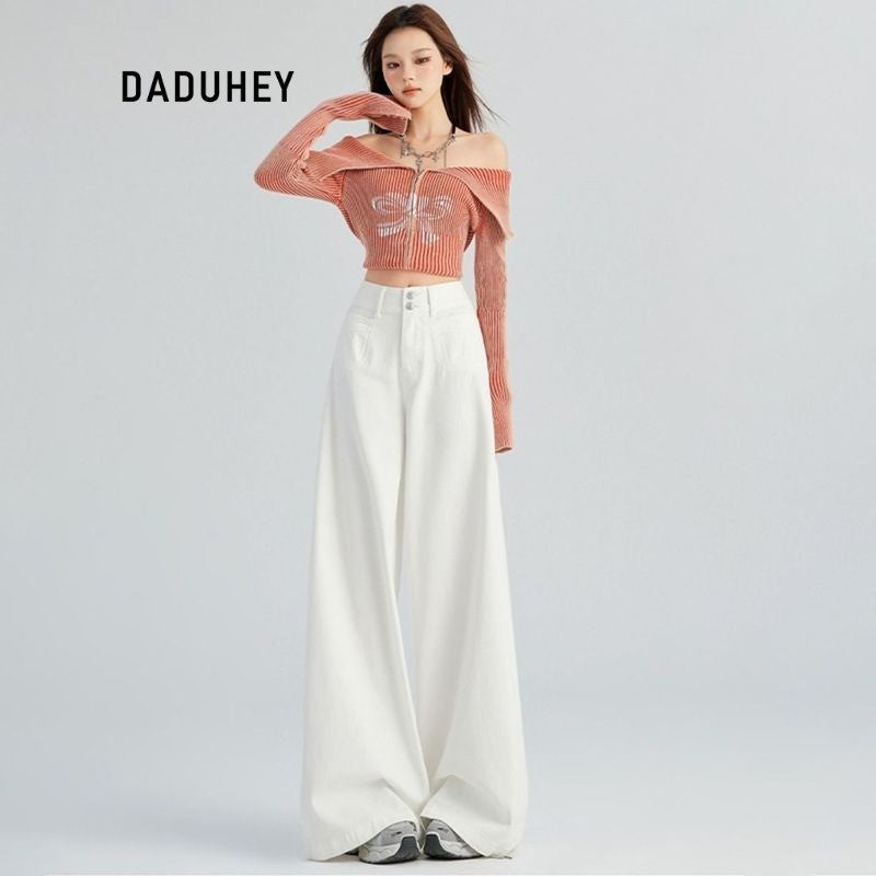 DADUHEY White All-Matching Wide Leg Jeans Women's New Fashion High Waist Loose and Slimming Drooping Straight Mop Pants | 1853