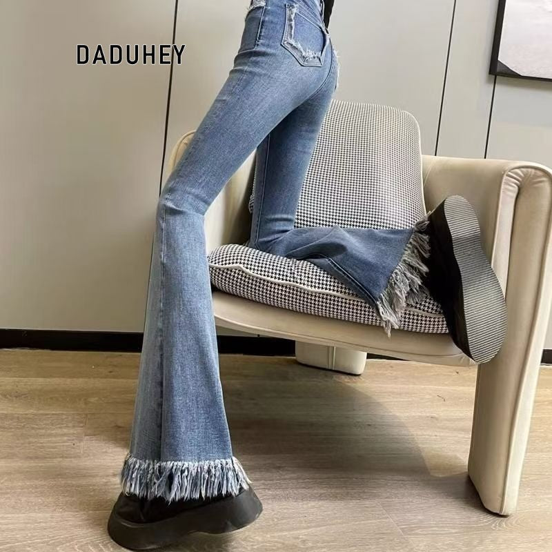 DADUHEY Korean Style Raw Edges Design Small Skinny Women's Jeans New High Waist Elastic Slim Fit Slimming Horseshoe | 954
