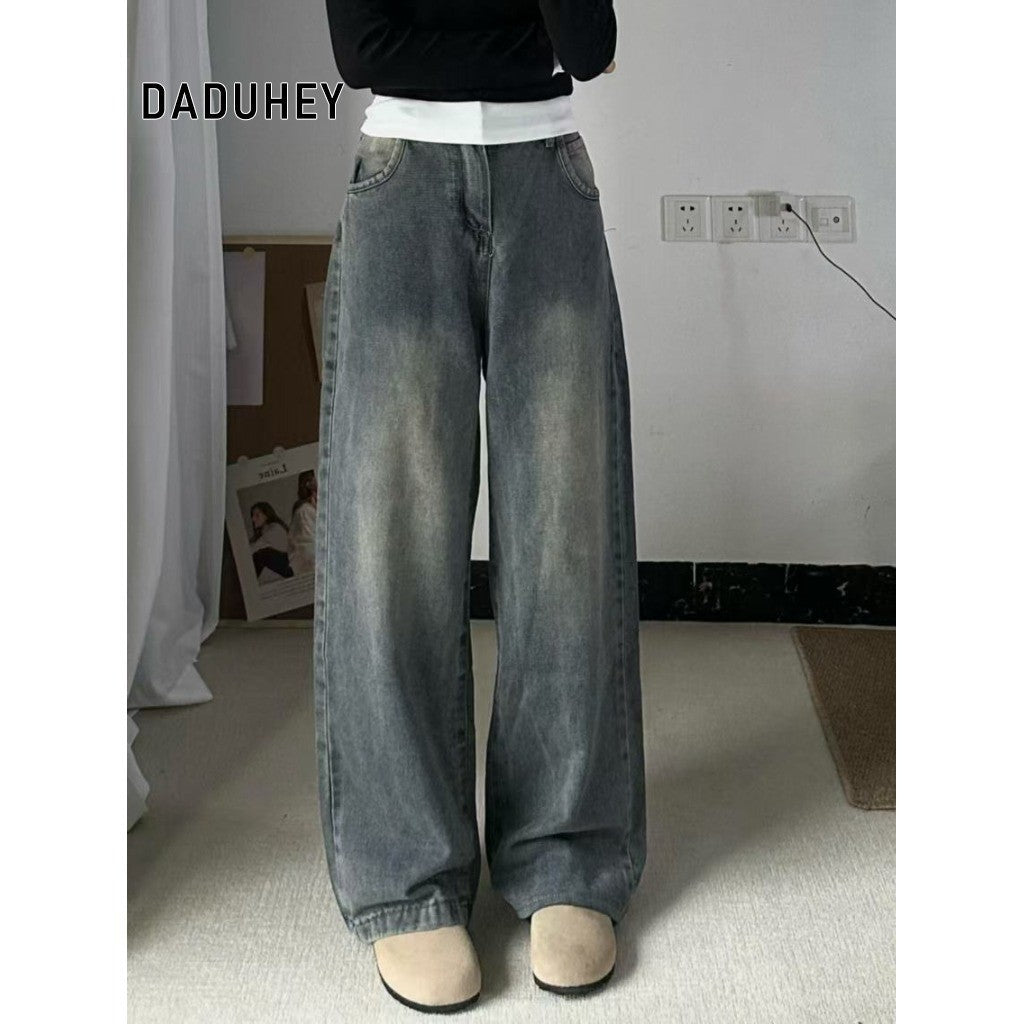 DADUHEY American Retro Straight New High Waist Slimming Draping Wide Leg Mop Jeans for Women | 1840