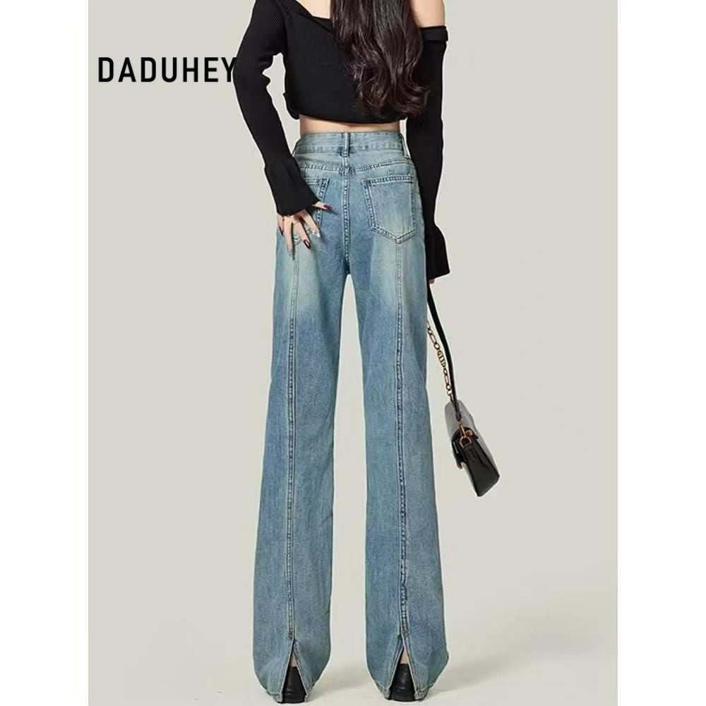 DADUHEY Women's Light Blue Narrow Wide-Leg Jeans New High Waist Slimming and Straight Small Mop Pants | 154