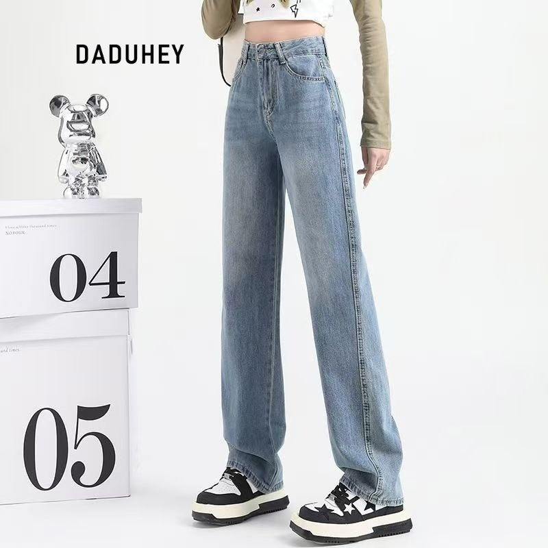 DADUHEY Women's Light Blue Narrow Wide-Leg Jeans New High Waist Slimming and Straight Small Mop Pants | 154