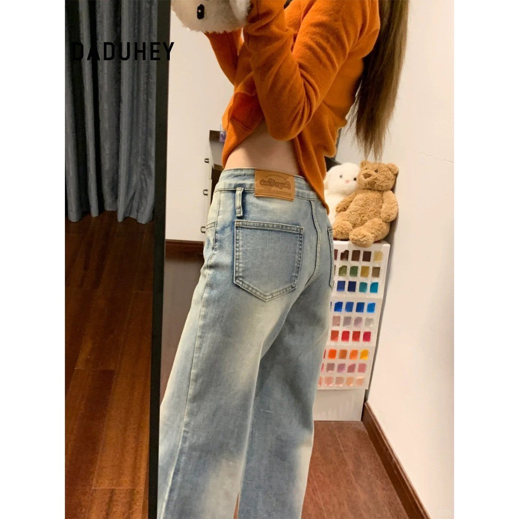 DADUHEY Retro Washed Slightly Flared Jeans Women's New Low Waist Slim Fit Wide Leg Slimming Straight Pants without Sticking Legs | 9147