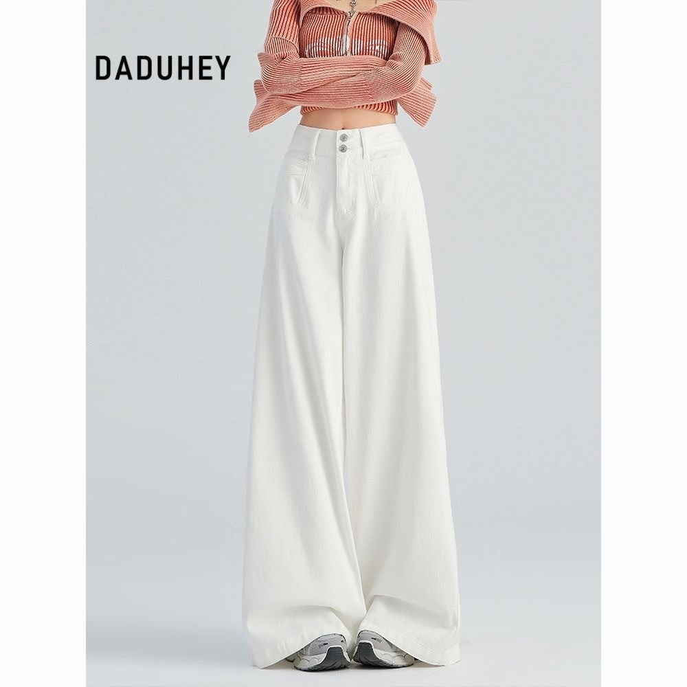 DADUHEY White All-Matching Wide Leg Jeans Women's New Fashion High Waist Loose and Slimming Drooping Straight Mop Pants | 1853