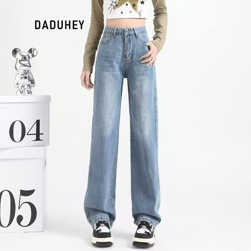 DADUHEY Women's Light Blue Narrow Wide-Leg Jeans New High Waist Slimming and Straight Small Mop Pants | 154